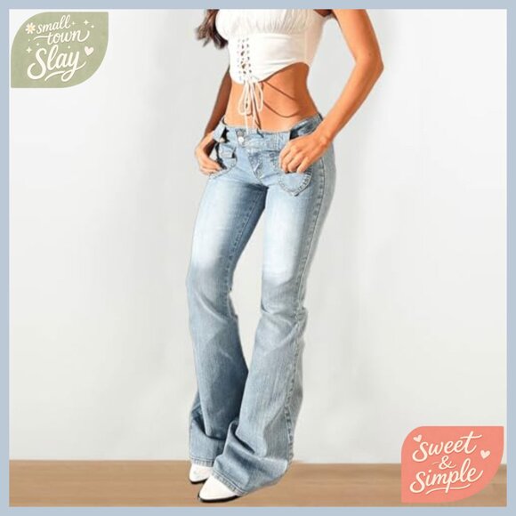 Low Rise Flare Jeans Stretchy Bell Bottom Denim Pants Y2K Vintage Washed - Picture 2 of 7